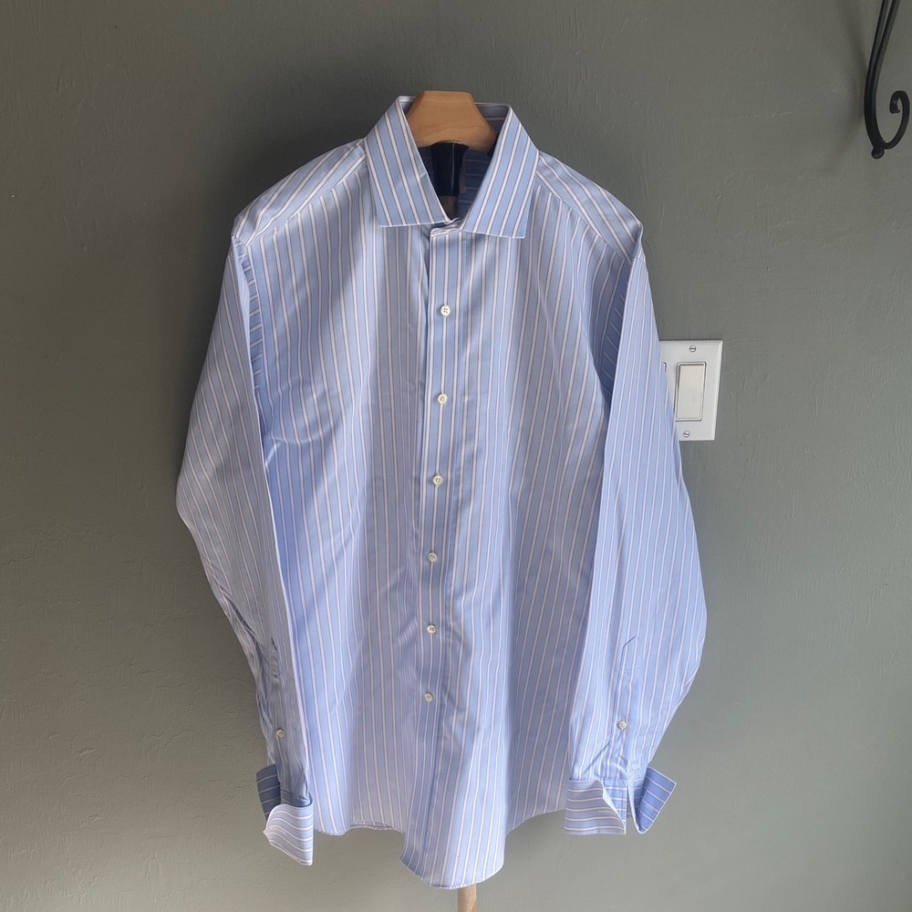 Brooks Brothers Mens Non Iron Striped Dress Shirt French Cuff Blue White 16.5 35